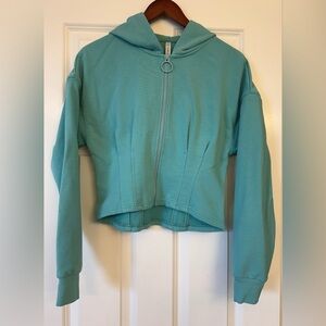 Fabletics Cropped Zip-Up Hoodie Jacket Teal Green Athletic Sweater Size Small